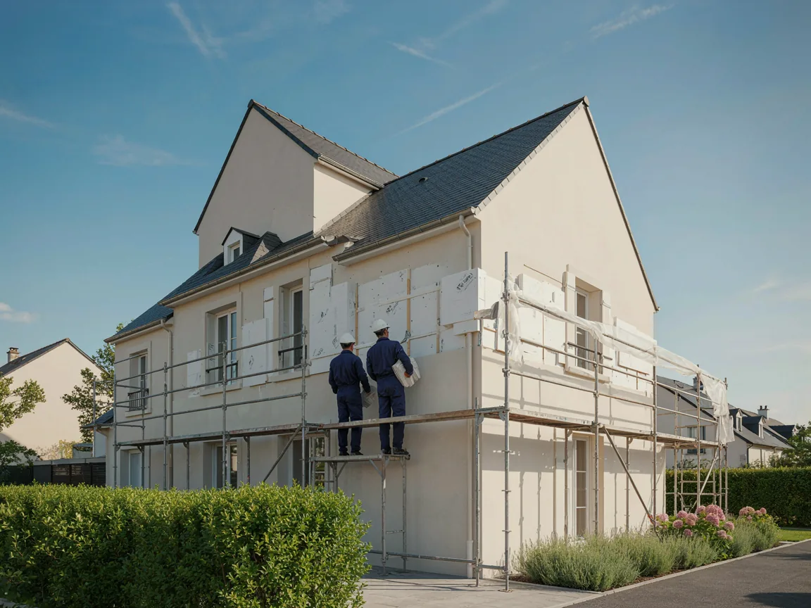 Chantier d’isolation thermique par l’extérieur : deux ouvriers posent des panneaux isolants sur la façade d’une maison depuis un échafaudage