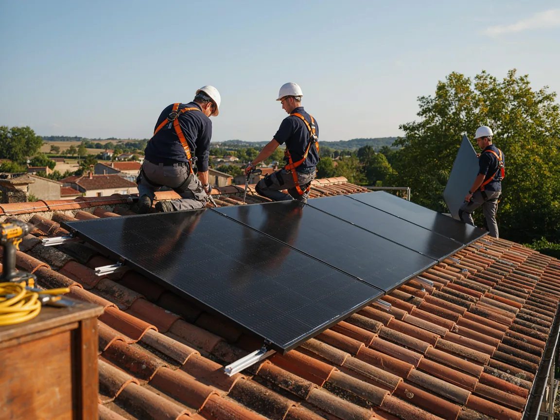 Trois installateurs équipés de harnais posent des panneaux solaires en surimposition sur une toiture en tuiles